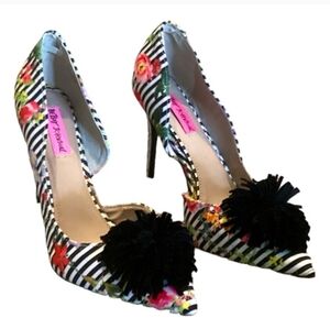 Betsey Johnson Hadly Striped Floral Pom Pom D'Orsay Pumps - Size 8.5 NWOB